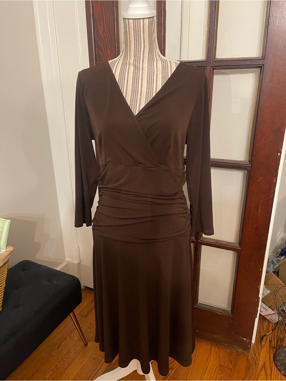 Elegant Brown Long-Sleeve Wrap-Style Midi Dress